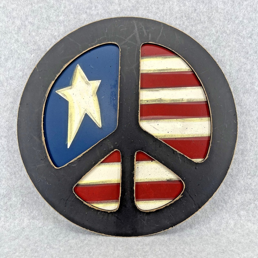 Patriotic Peace Sign‎ Wall Plaque American Flag 13.5" Rustic Hanging Decor MDF
